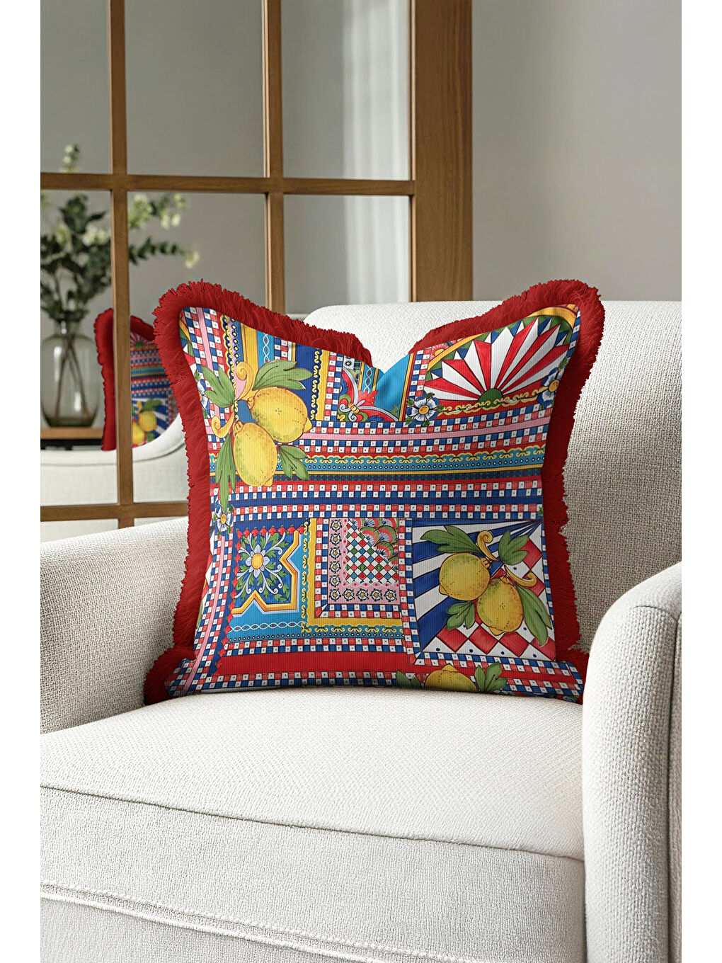 Karışık Akdeniz Limonlu Saçaklı Yastık Kılıfı - Renkli Patchwork Bohem Sarı Kırmızı Püsküllü Kırlent Kılıfı-2