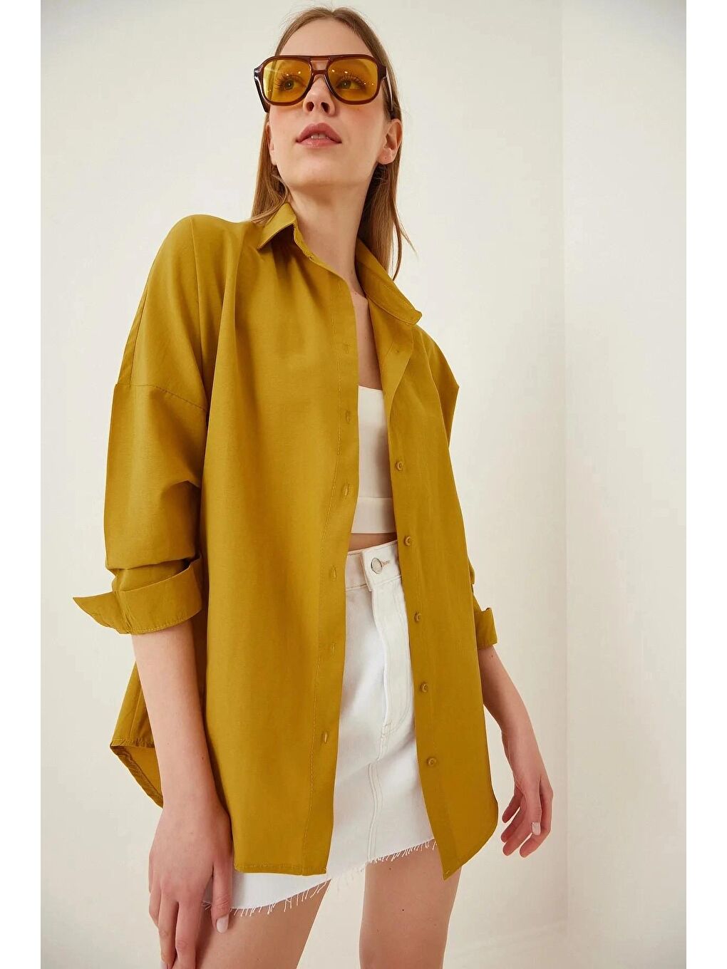 Hardal Sarısı Sade Düz Araboy Basic Oversize Gömlek