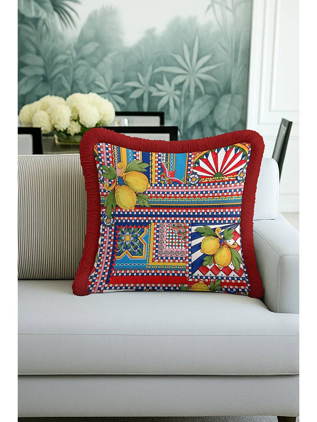 Karışık Akdeniz Limonlu Saçaklı Yastık Kılıfı - Renkli Patchwork Bohem Sarı Kırmızı Püsküllü Kırlent Kılıfı-3