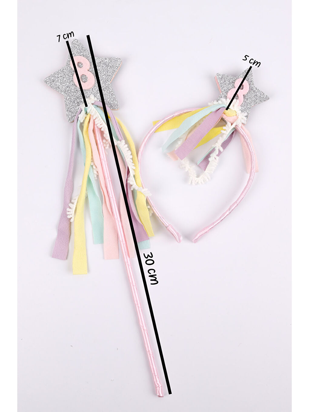 Pembe 8 Yaş Püsküllü Yıldız Kız Çocuk Parti Asa Taç Set-3