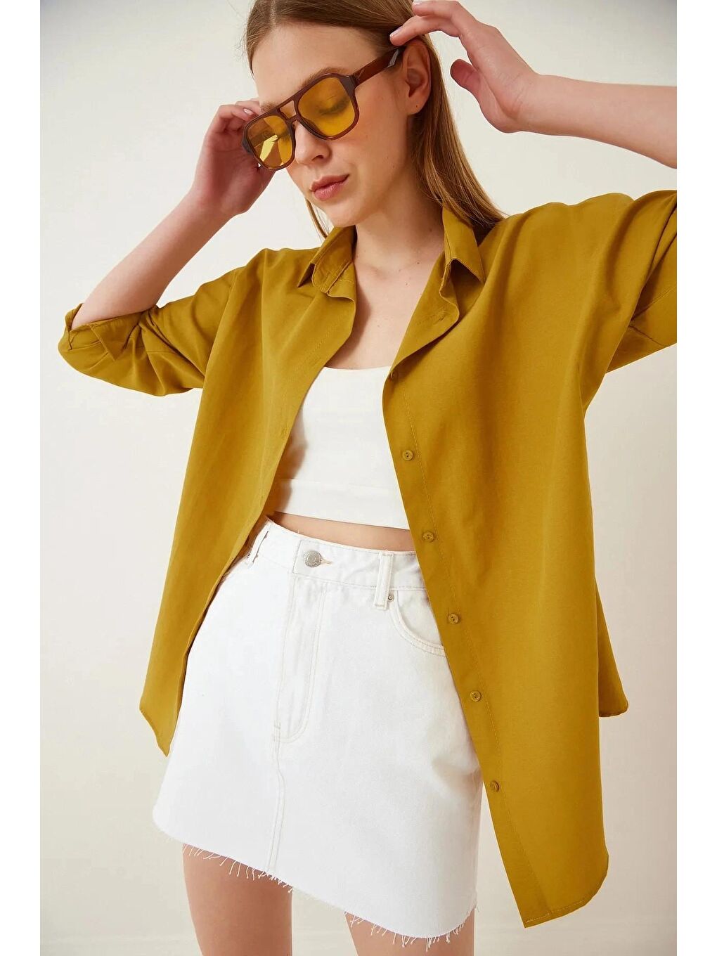 Hardal Sarısı Sade Düz Araboy Basic Oversize Gömlek-1