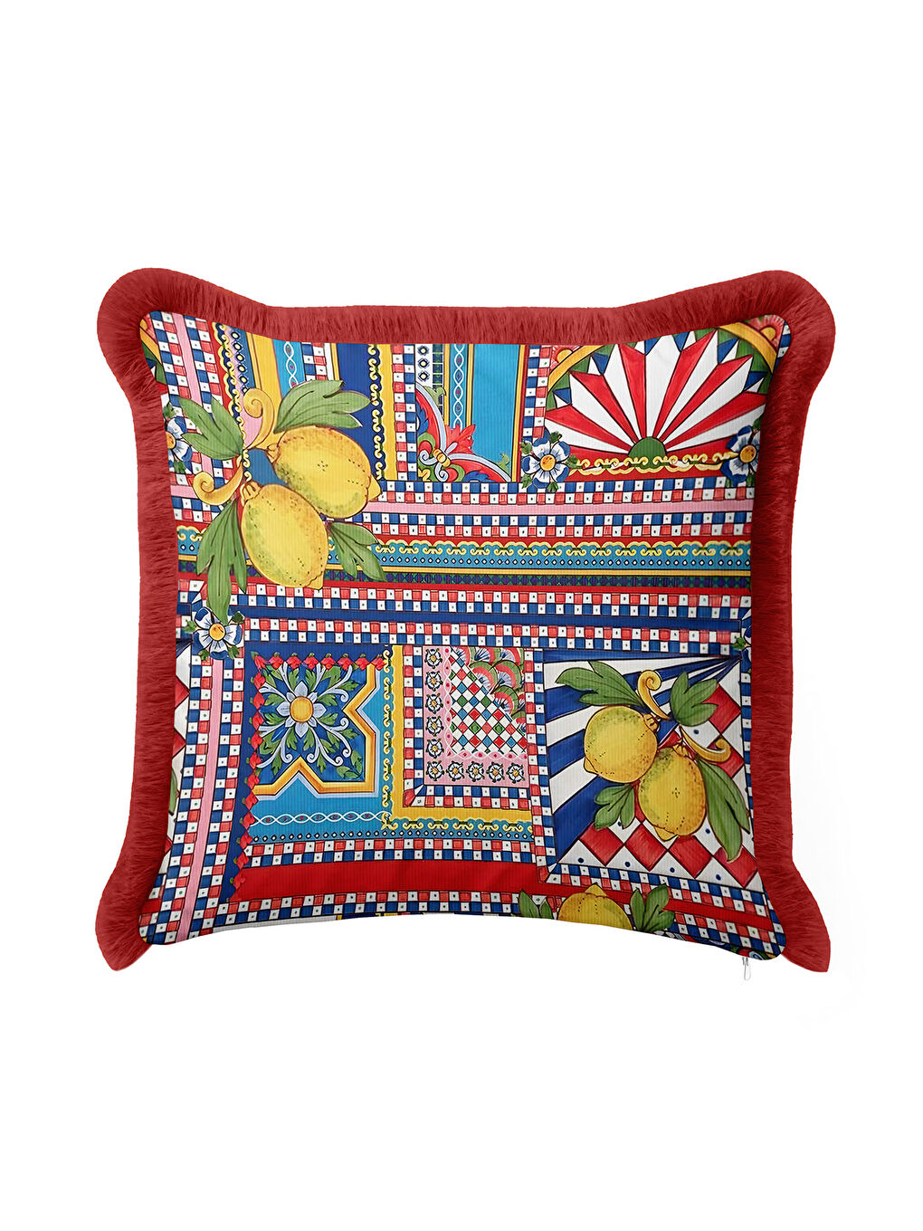 Karışık Akdeniz Limonlu Saçaklı Yastık Kılıfı - Renkli Patchwork Bohem Sarı Kırmızı Püsküllü Kırlent Kılıfı-4