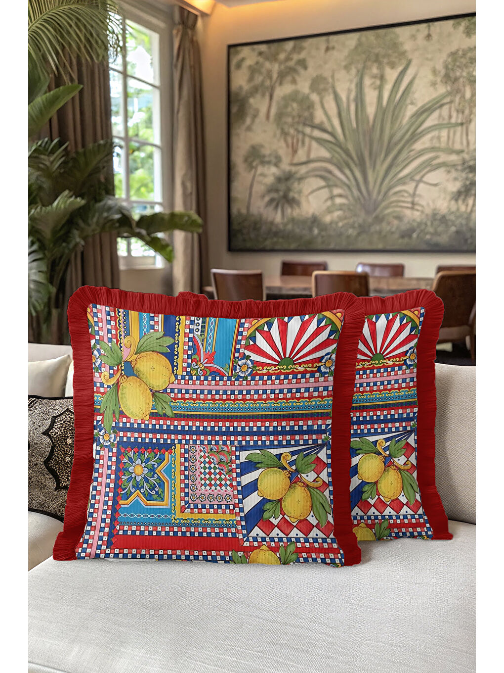 Karışık Akdeniz Limonlu Saçaklı Yastık Kılıfı - Renkli Patchwork Bohem Sarı Kırmızı Püsküllü Kırlent Kılıfı-5