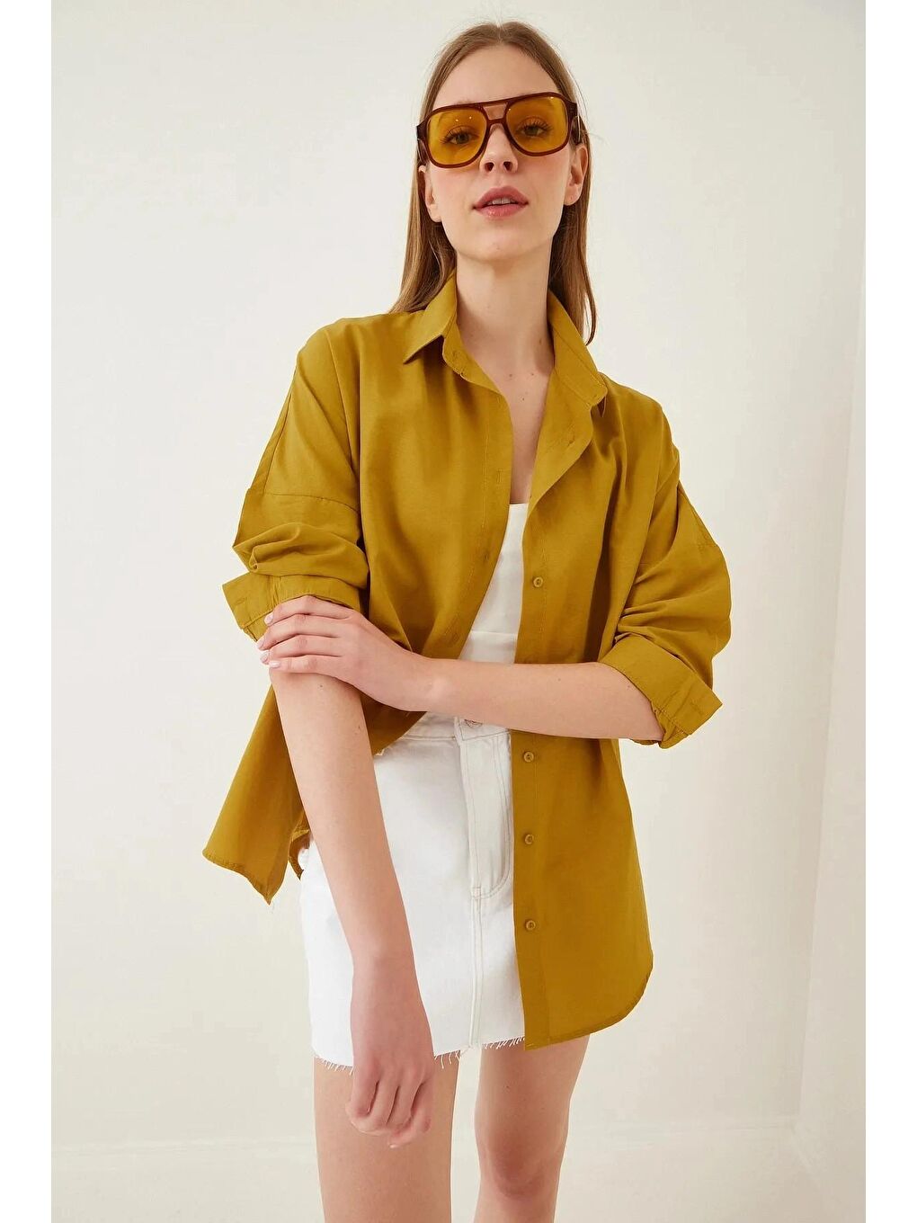 Hardal Sarısı Sade Düz Araboy Basic Oversize Gömlek-2