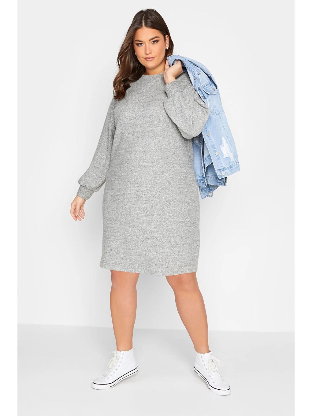Gri Büyük Beden Elastanlı Uzun Kollu Yuvarlak Yaka Triko Elbise 301736