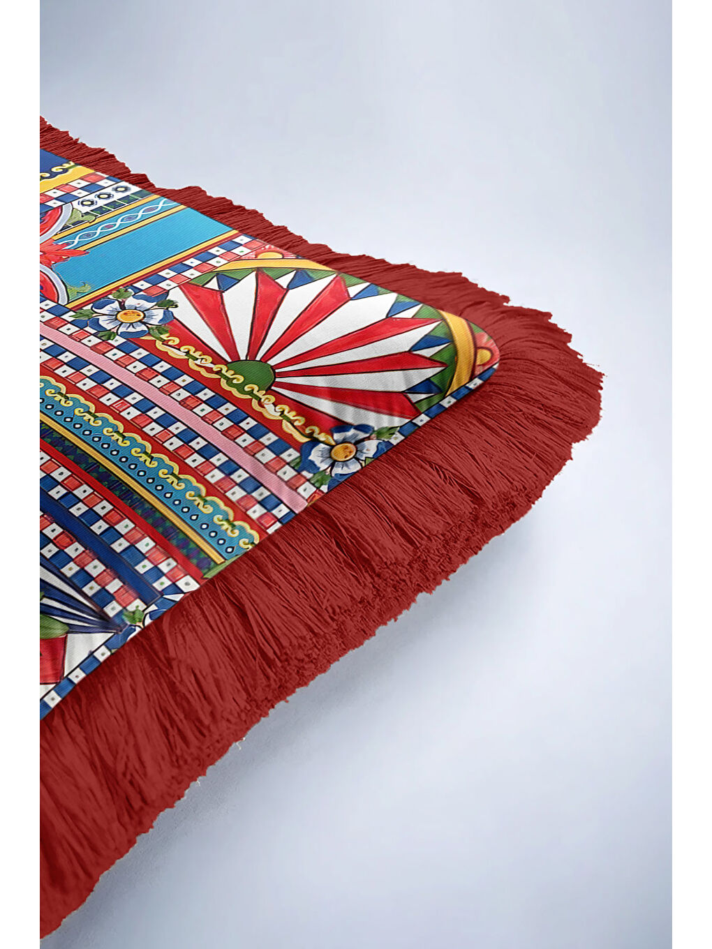 Karışık Akdeniz Limonlu Saçaklı Yastık Kılıfı - Renkli Patchwork Bohem Sarı Kırmızı Püsküllü Kırlent Kılıfı-6