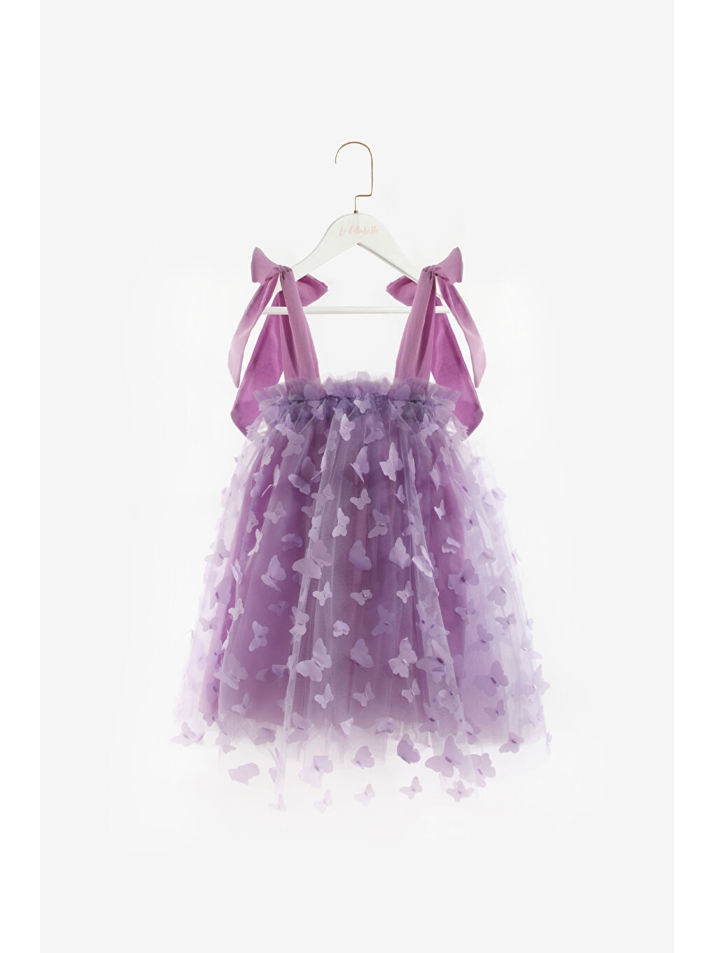 Lila Omuzdan Bağlamalı Kelebek Aplikeli Kız Çocuk Elbise - Nikki