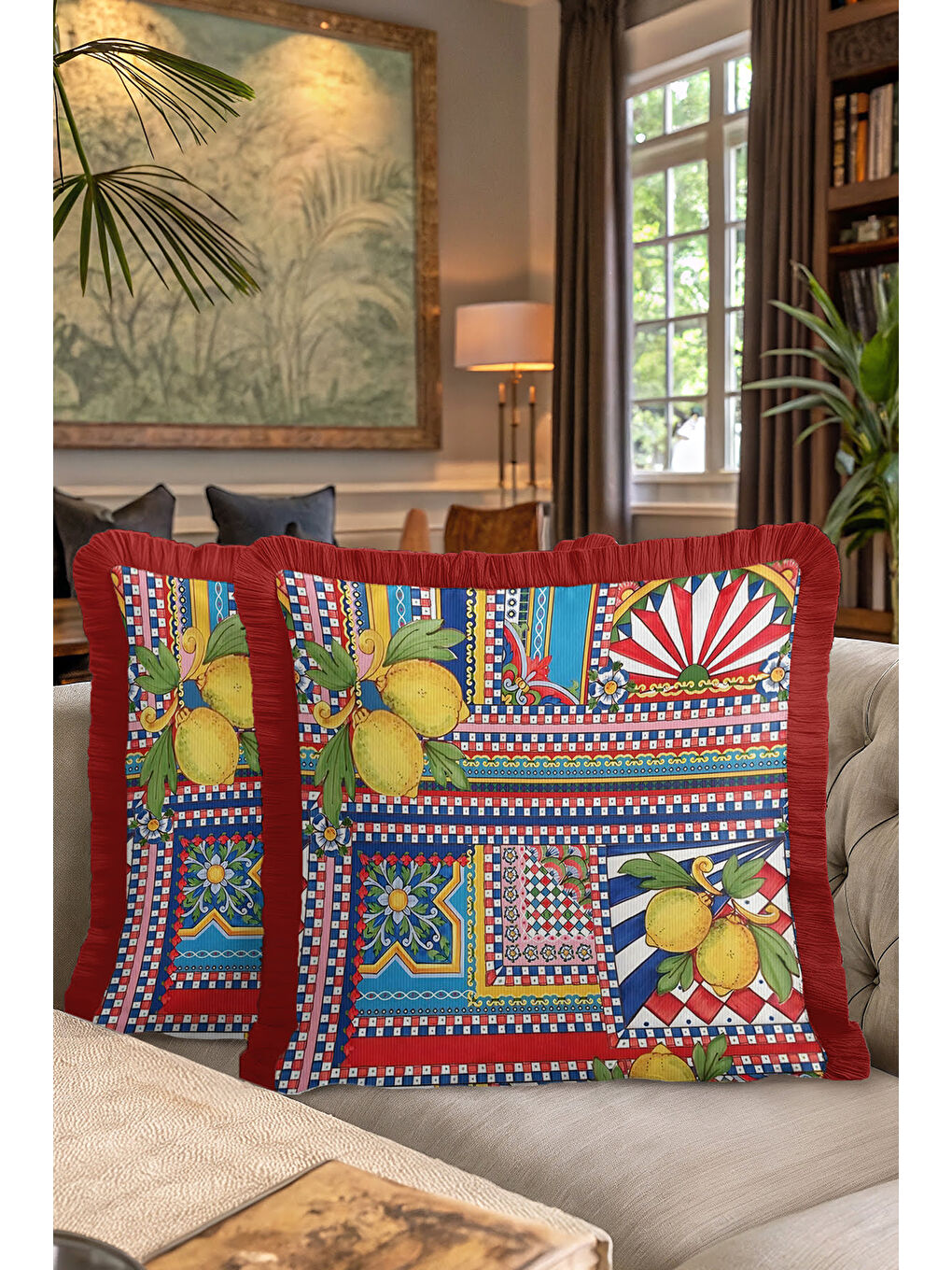 Karışık Akdeniz Limonlu Saçaklı Yastık Kılıfı - Renkli Patchwork Bohem Sarı Kırmızı Püsküllü Kırlent Kılıfı-7