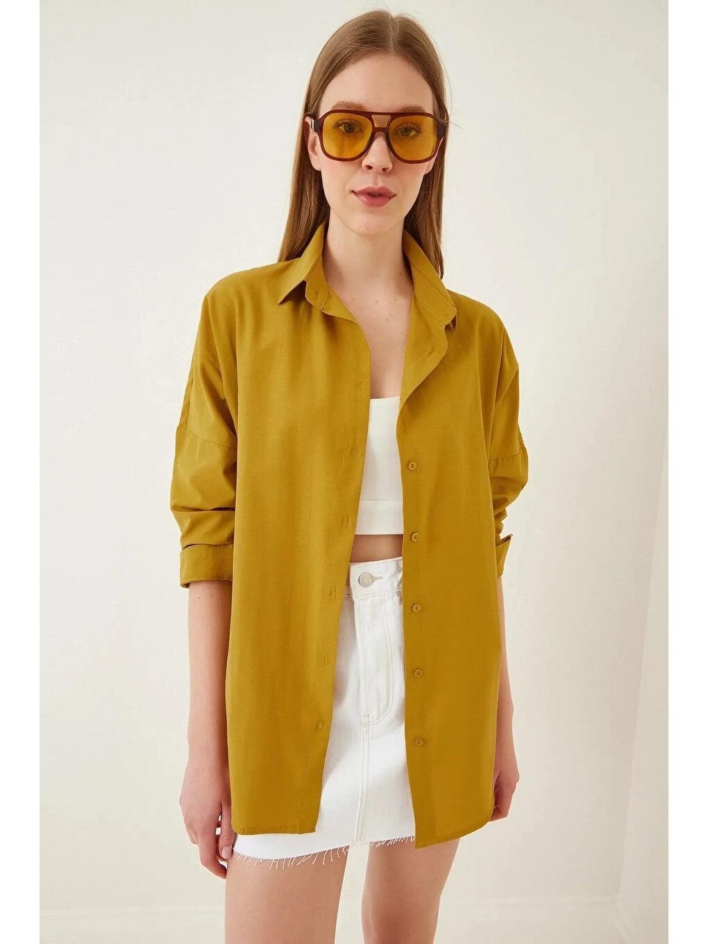 Hardal Sarısı Sade Düz Araboy Basic Oversize Gömlek-3