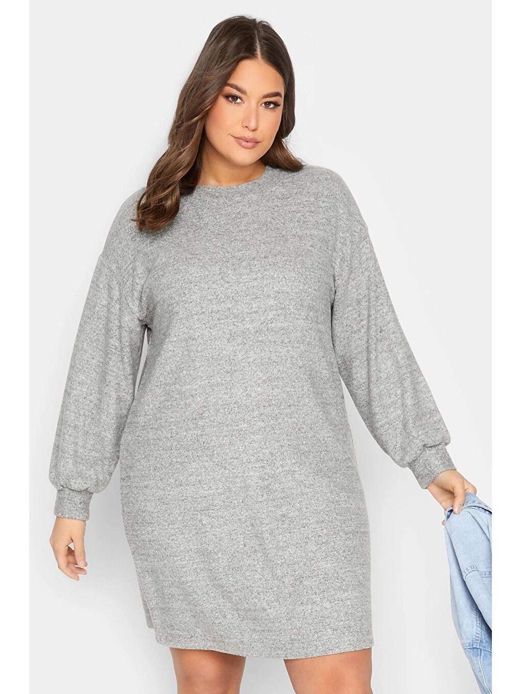 Gri Büyük Beden Elastanlı Uzun Kollu Yuvarlak Yaka Triko Elbise 301736-1