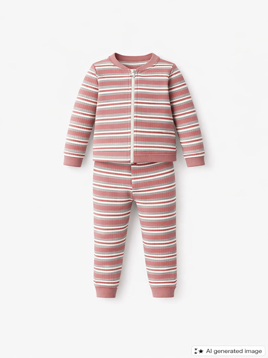 Pembe Unisex Çocuk Takımı Organik Pamuklu Şardonlu Kışlık Hırkalı Çizgili İkili Takım (1-5 Yaş)