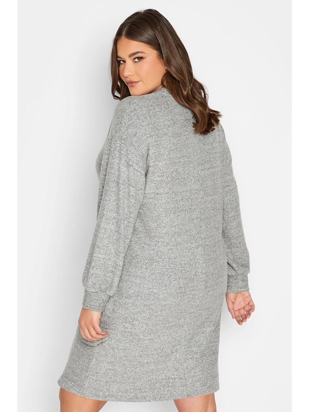 Gri Büyük Beden Elastanlı Uzun Kollu Yuvarlak Yaka Triko Elbise 301736-3