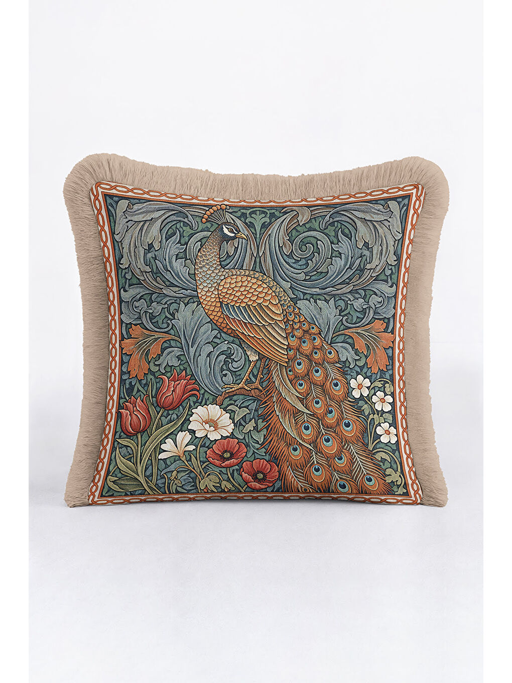 Karışık Lüks Tavuskuşu Saçaklı Yastık Kılıfı - Viktoryen Etnik Yeşil Altın Renkli Püsküllü Kırlent Kılıfı-2