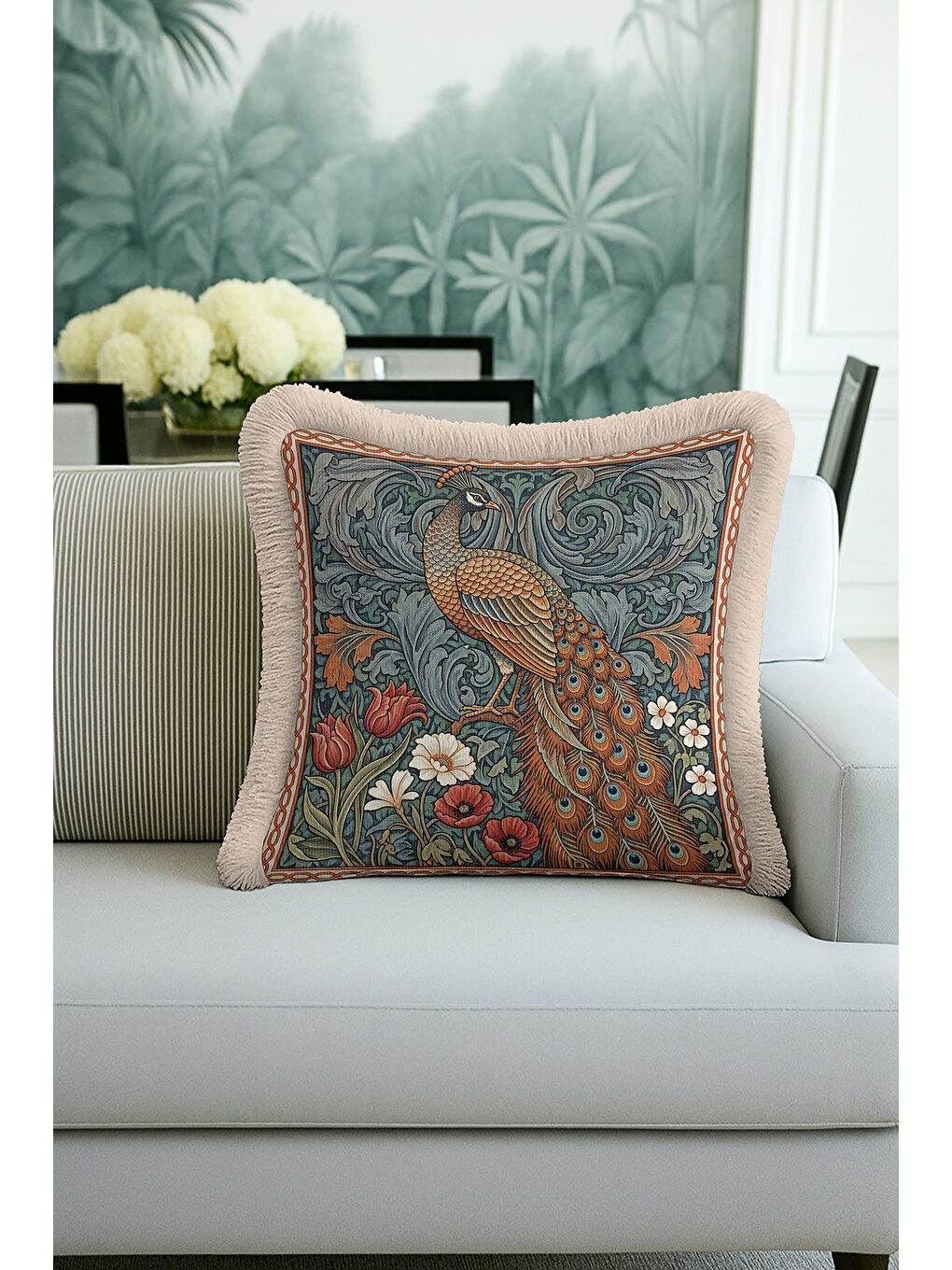 Karışık Lüks Tavuskuşu Saçaklı Yastık Kılıfı - Viktoryen Etnik Yeşil Altın Renkli Püsküllü Kırlent Kılıfı-3