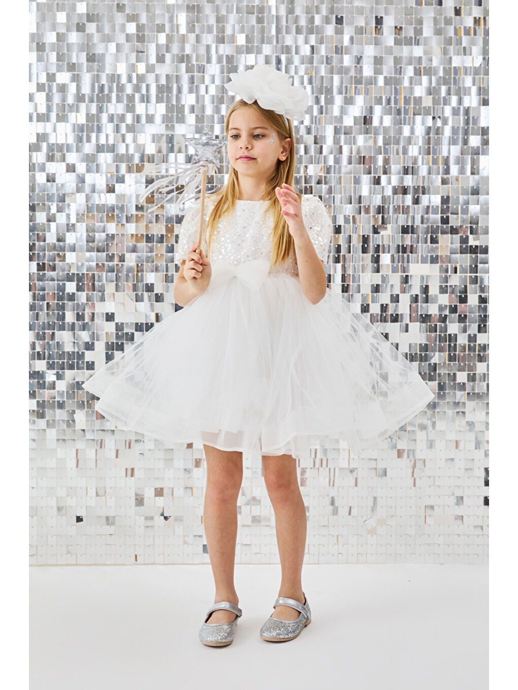 Beyaz Boncuklu Pullu Kız Çocuk Elbise - Gloria-1