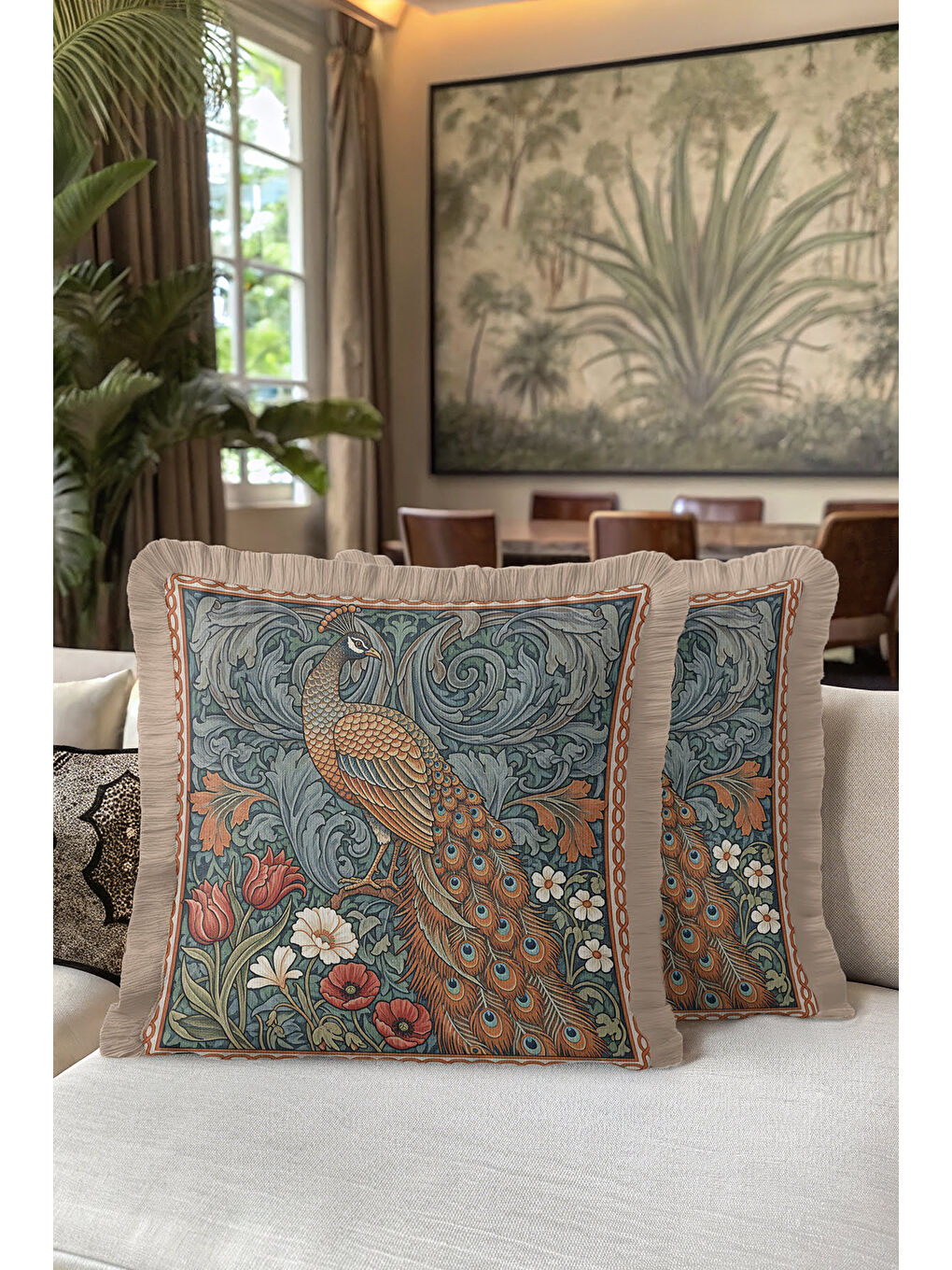 Karışık Lüks Tavuskuşu Saçaklı Yastık Kılıfı - Viktoryen Etnik Yeşil Altın Renkli Püsküllü Kırlent Kılıfı-5