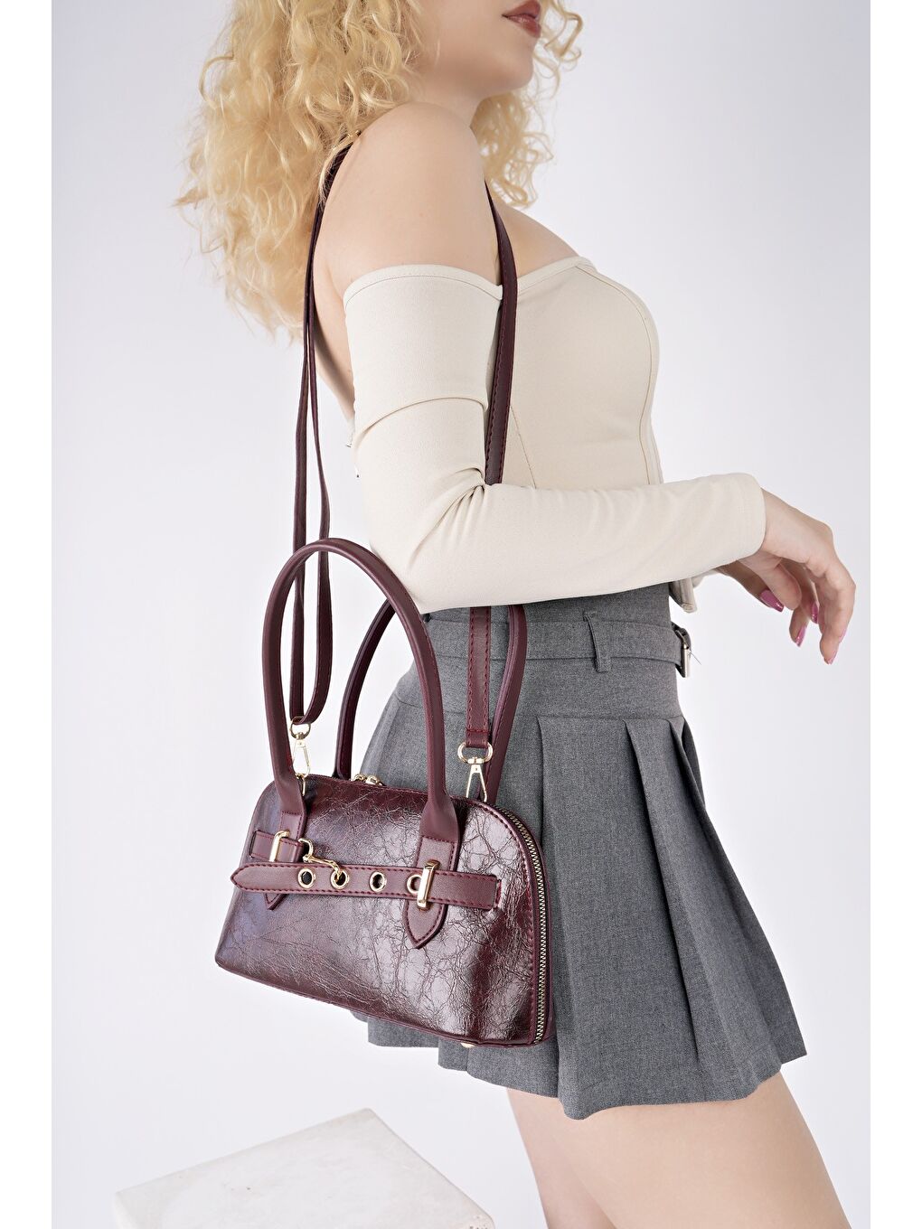 Bordo GLOW Kadın Kemer Detaylı El ve Omuz Çantası-2