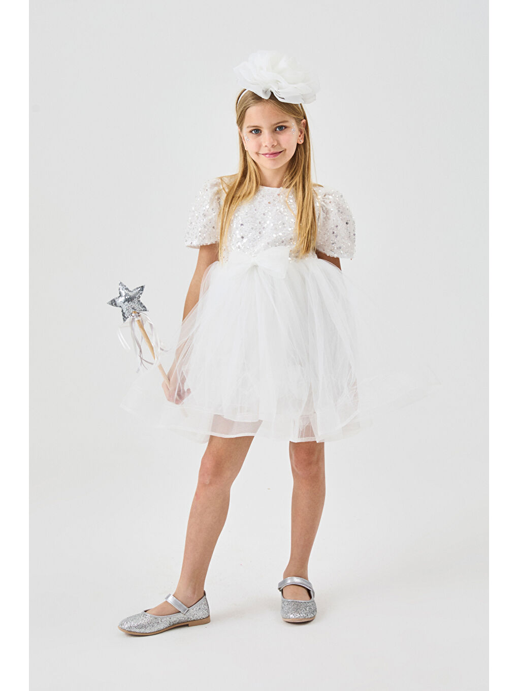 Beyaz Boncuklu Pullu Kız Çocuk Elbise - Gloria-2