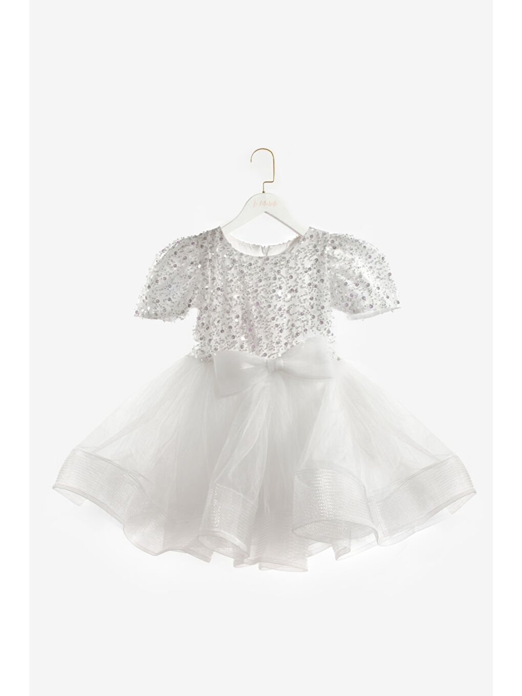 Beyaz Boncuklu Pullu Kız Çocuk Elbise - Gloria-3