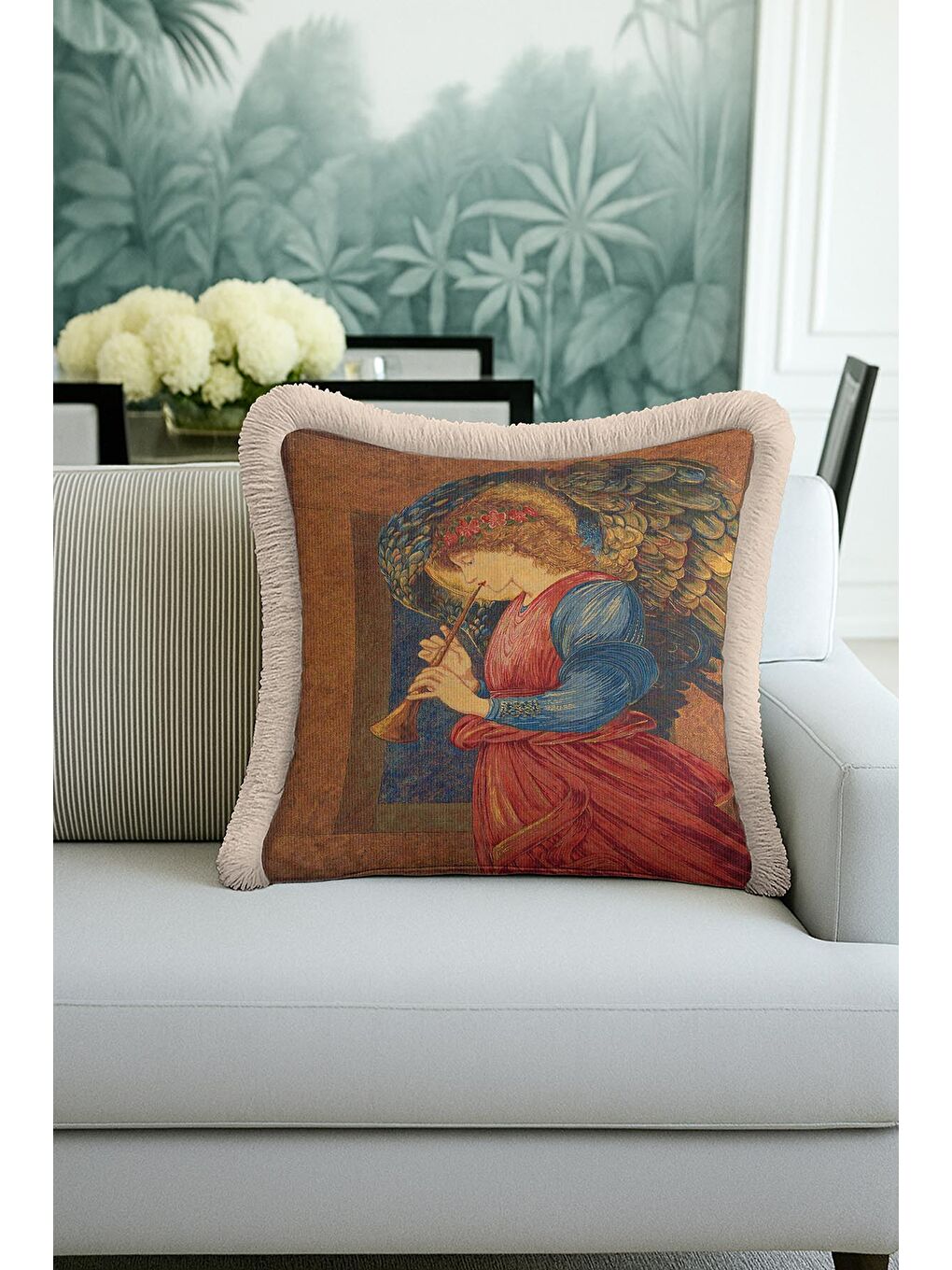 Karışık Rönesans Melek Sanatı Saçaklı Yastık Kılıfı - Klasik Altın Renkli Vintage Püsküllü Kırlent Kılıfı-1