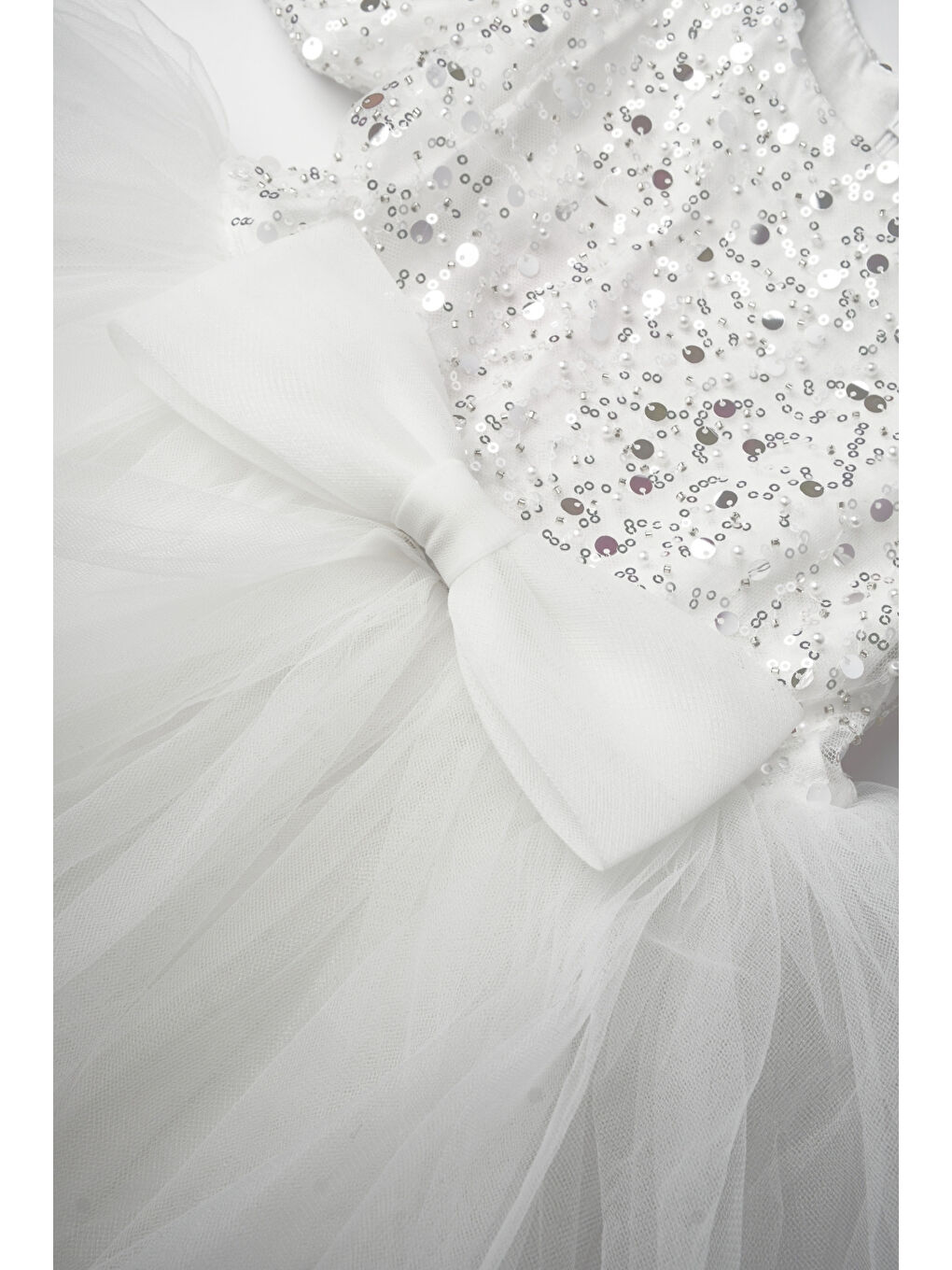 Beyaz Boncuklu Pullu Kız Çocuk Elbise - Gloria-5
