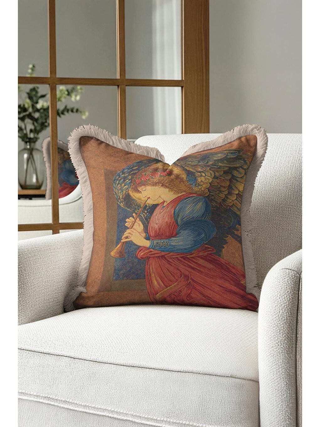 Karışık Rönesans Melek Sanatı Saçaklı Yastık Kılıfı - Klasik Altın Renkli Vintage Püsküllü Kırlent Kılıfı-2