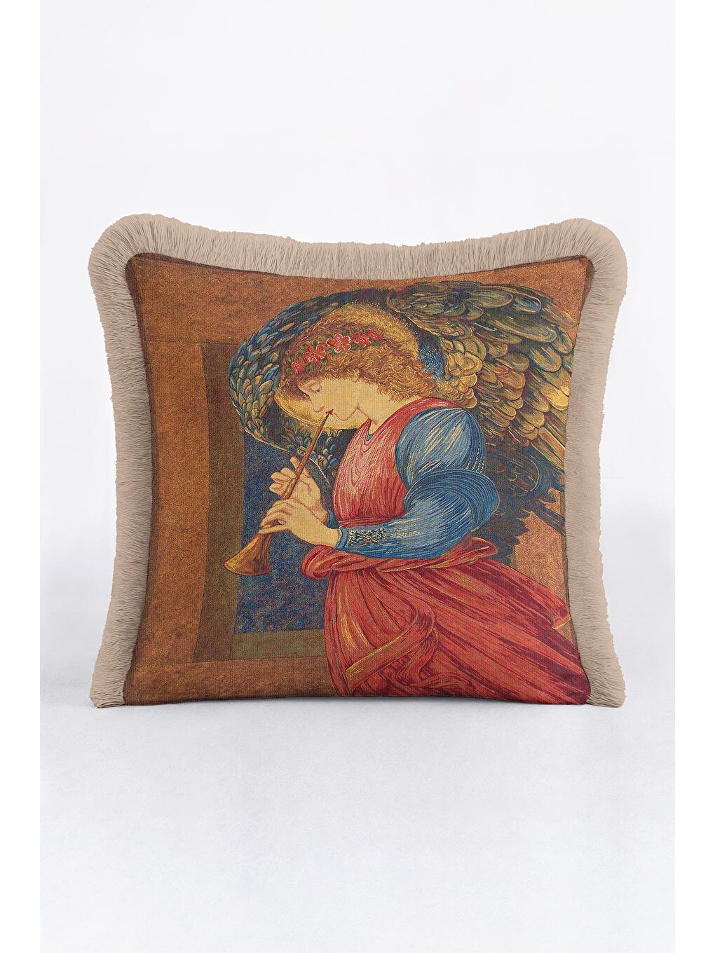 Karışık Rönesans Melek Sanatı Saçaklı Yastık Kılıfı - Klasik Altın Renkli Vintage Püsküllü Kırlent Kılıfı-4