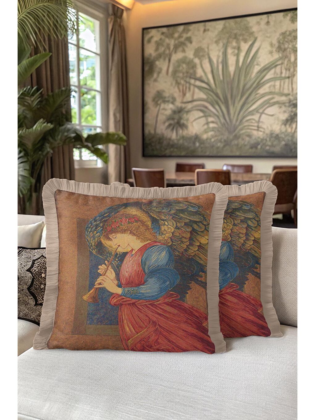 Karışık Rönesans Melek Sanatı Saçaklı Yastık Kılıfı - Klasik Altın Renkli Vintage Püsküllü Kırlent Kılıfı-5