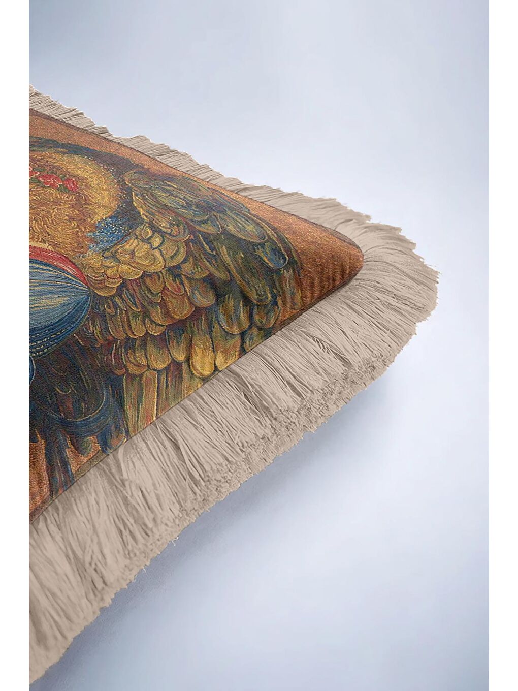 Karışık Rönesans Melek Sanatı Saçaklı Yastık Kılıfı - Klasik Altın Renkli Vintage Püsküllü Kırlent Kılıfı-6