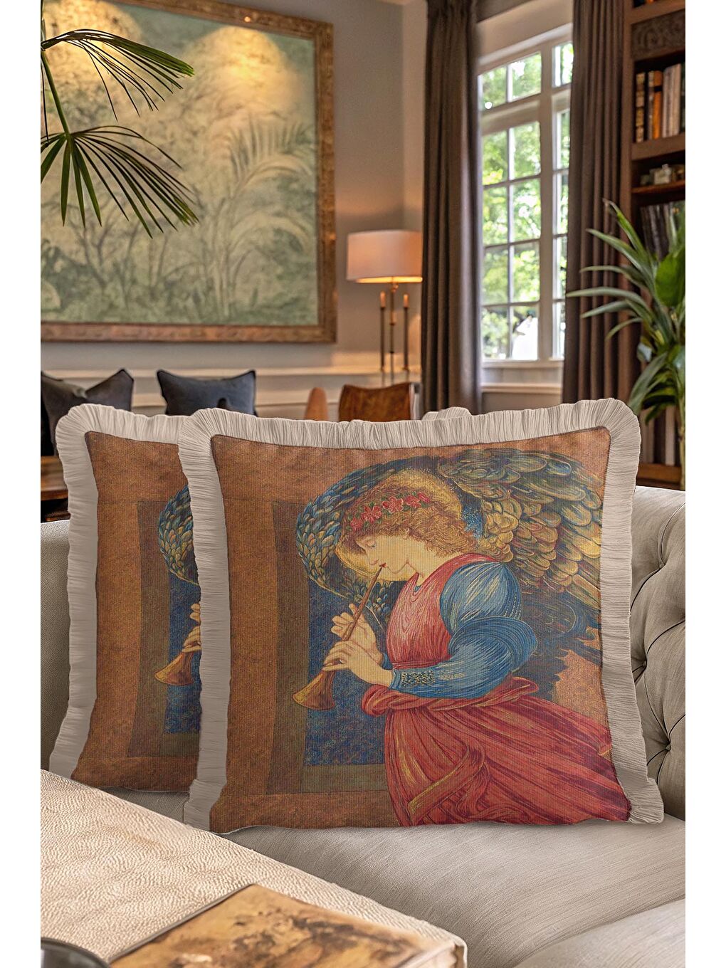Karışık Rönesans Melek Sanatı Saçaklı Yastık Kılıfı - Klasik Altın Renkli Vintage Püsküllü Kırlent Kılıfı-7