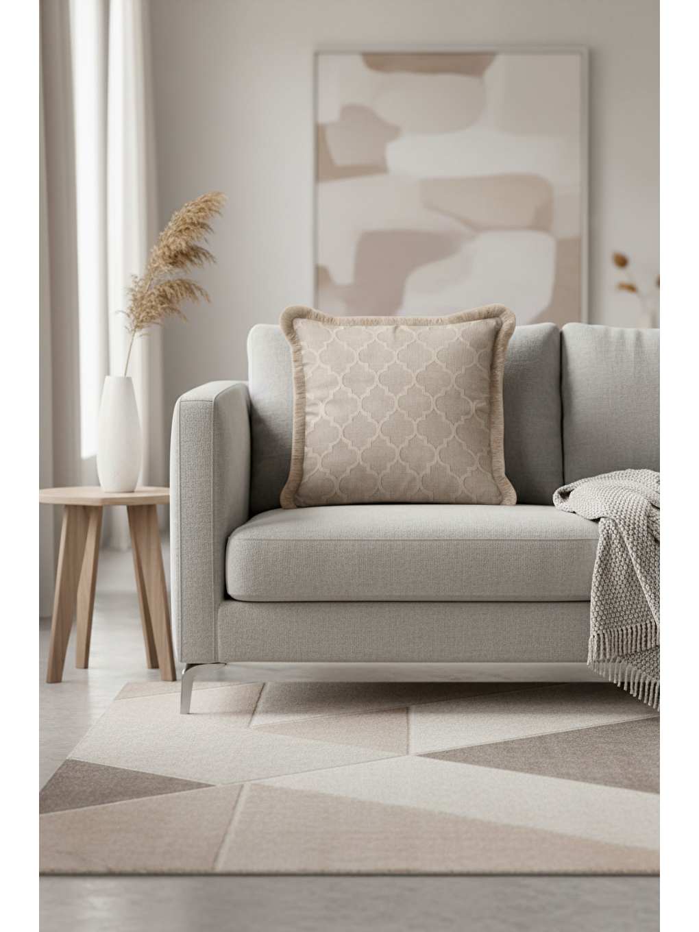 Karışık Modern Lüks Saçaklı Yastık Kılıfı - Fas Motifli Krem Country Bej Püsküllü Kırlent Kılıfı