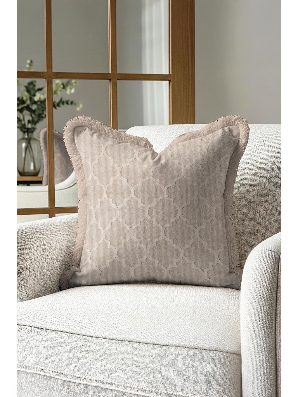 Karışık Modern Lüks Saçaklı Yastık Kılıfı - Fas Motifli Krem Country Bej Püsküllü Kırlent Kılıfı-1