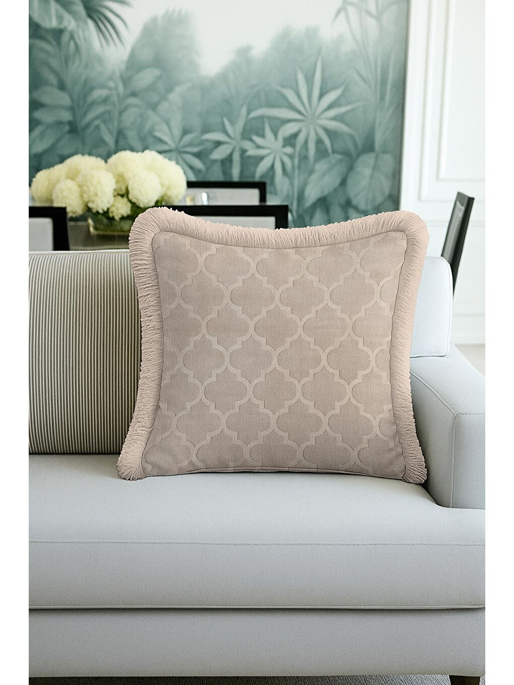 Karışık Modern Lüks Saçaklı Yastık Kılıfı - Fas Motifli Krem Country Bej Püsküllü Kırlent Kılıfı-4