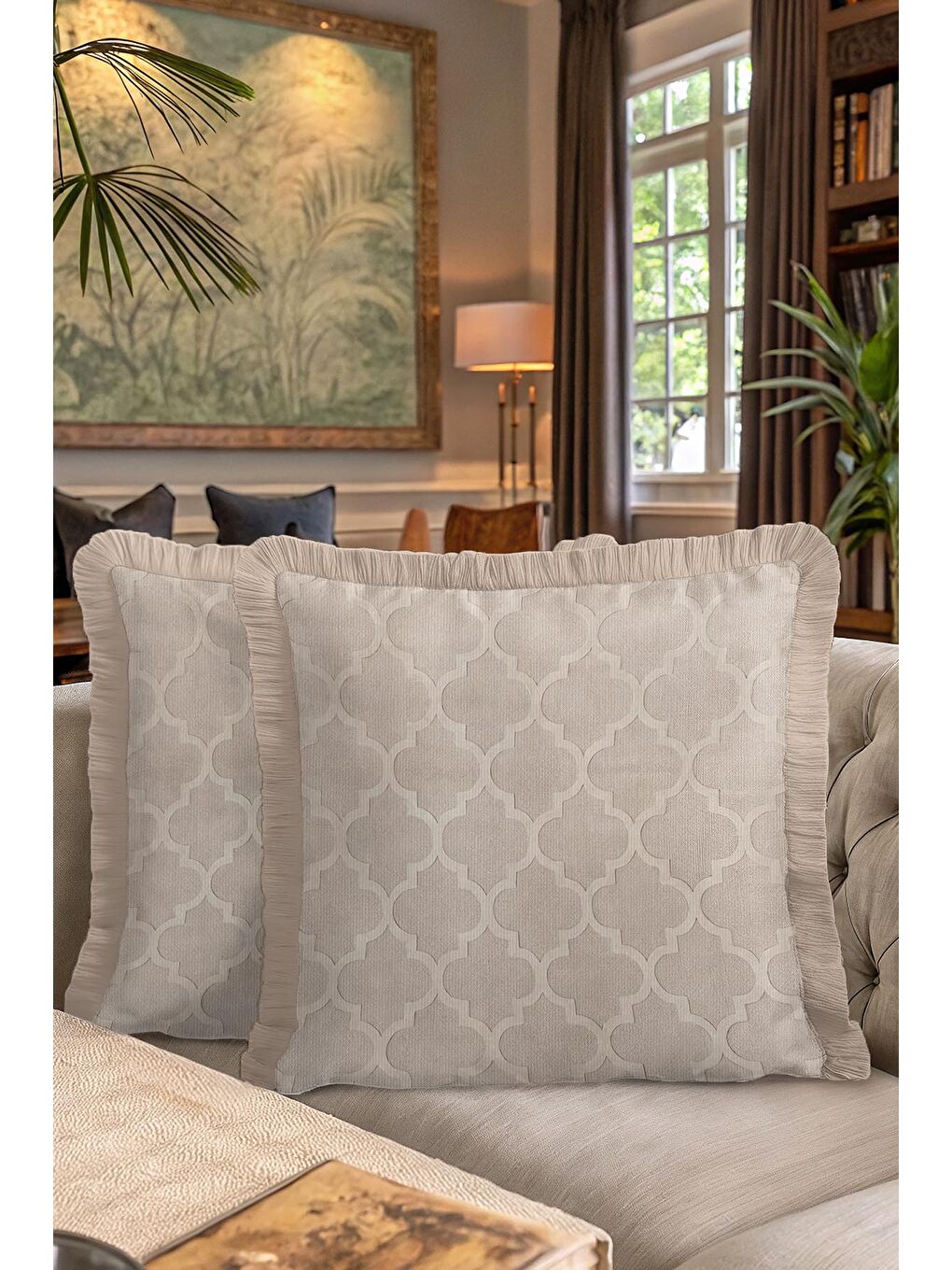 Karışık Modern Lüks Saçaklı Yastık Kılıfı - Fas Motifli Krem Country Bej Püsküllü Kırlent Kılıfı-7