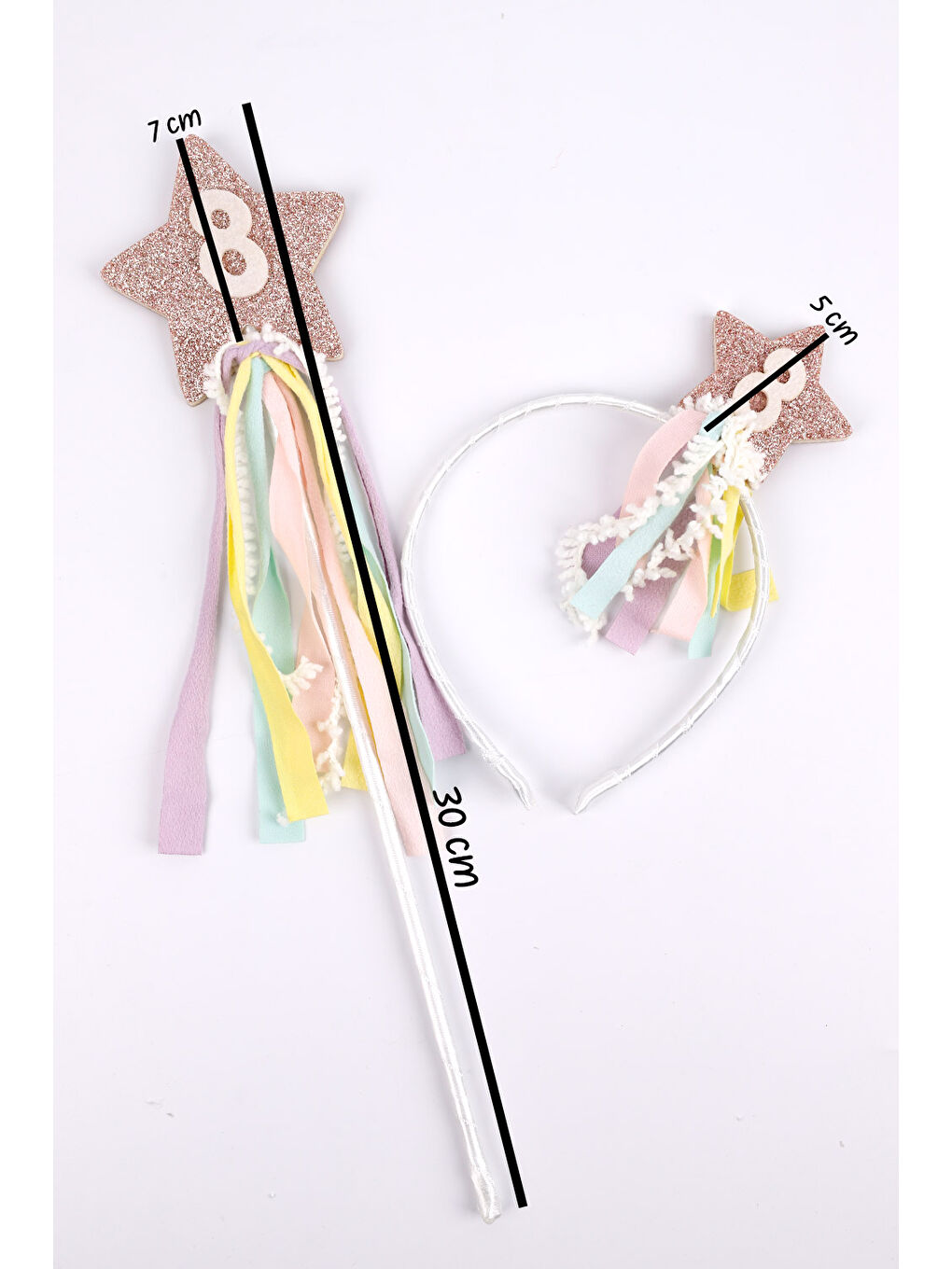 Ekru 8 Yaş Püsküllü Yıldız Kız Çocuk Parti Asa Taç Set-3