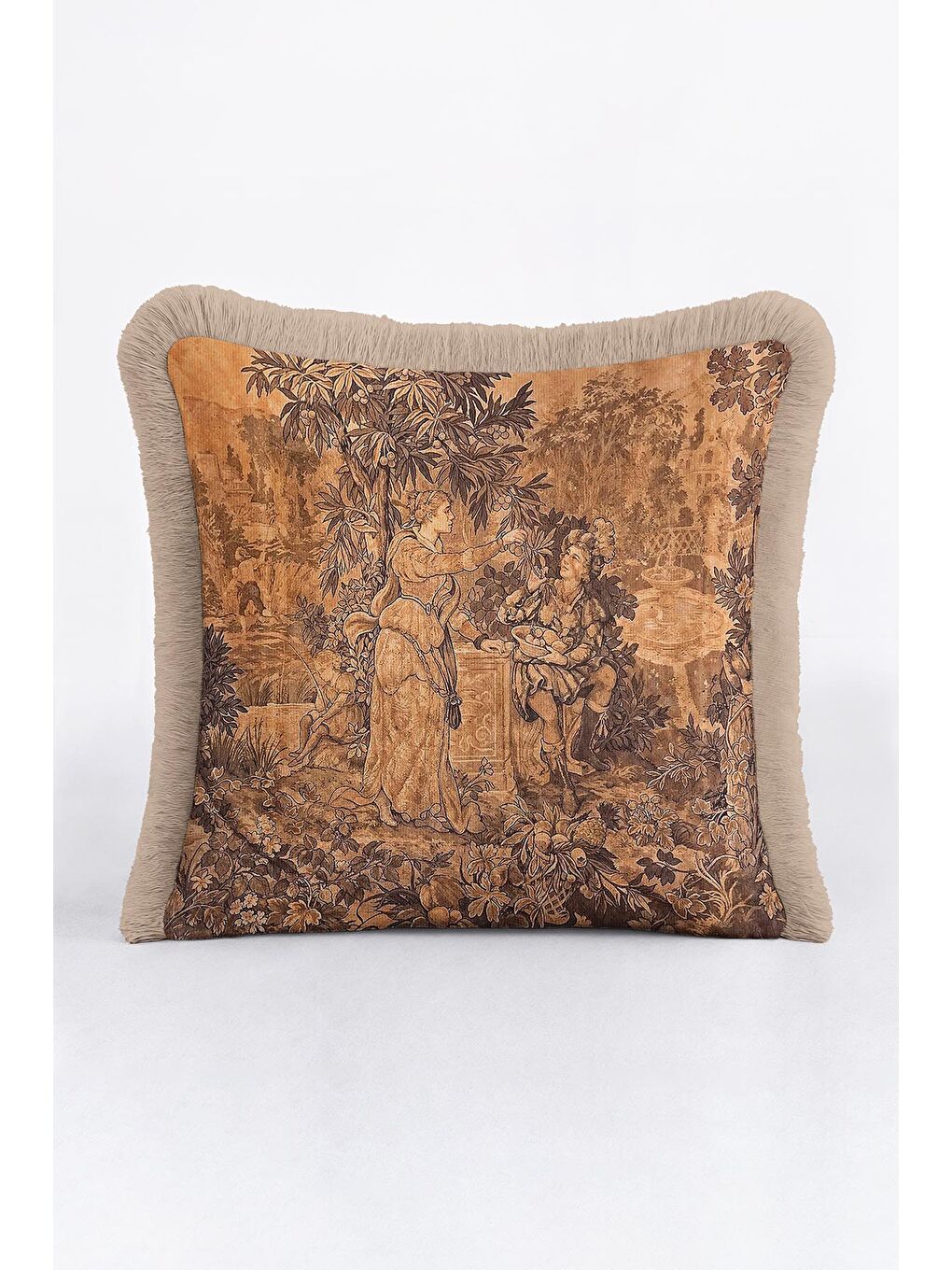 Karışık Barok İhtişam Saçaklı Yastık Kılıfı - Klasik Saray Rustik Bej Kahve Püsküllü Kırlent Kılıfı-2