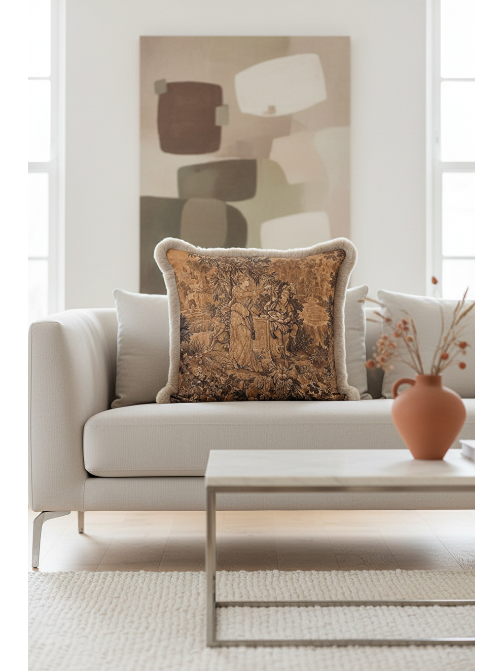 Karışık Barok İhtişam Saçaklı Yastık Kılıfı - Klasik Saray Rustik Bej Kahve Püsküllü Kırlent Kılıfı-3