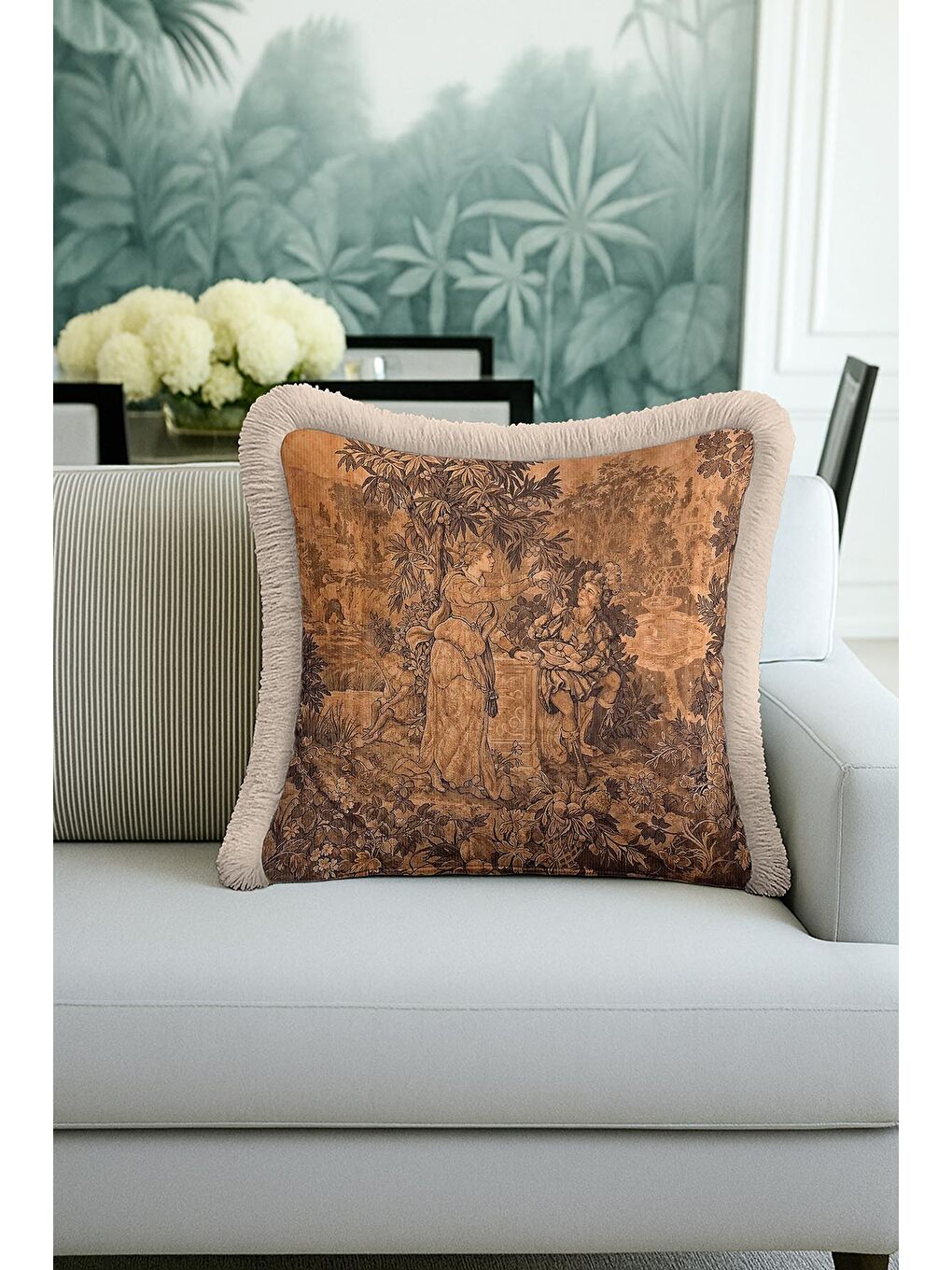 Karışık Barok İhtişam Saçaklı Yastık Kılıfı - Klasik Saray Rustik Bej Kahve Püsküllü Kırlent Kılıfı-4