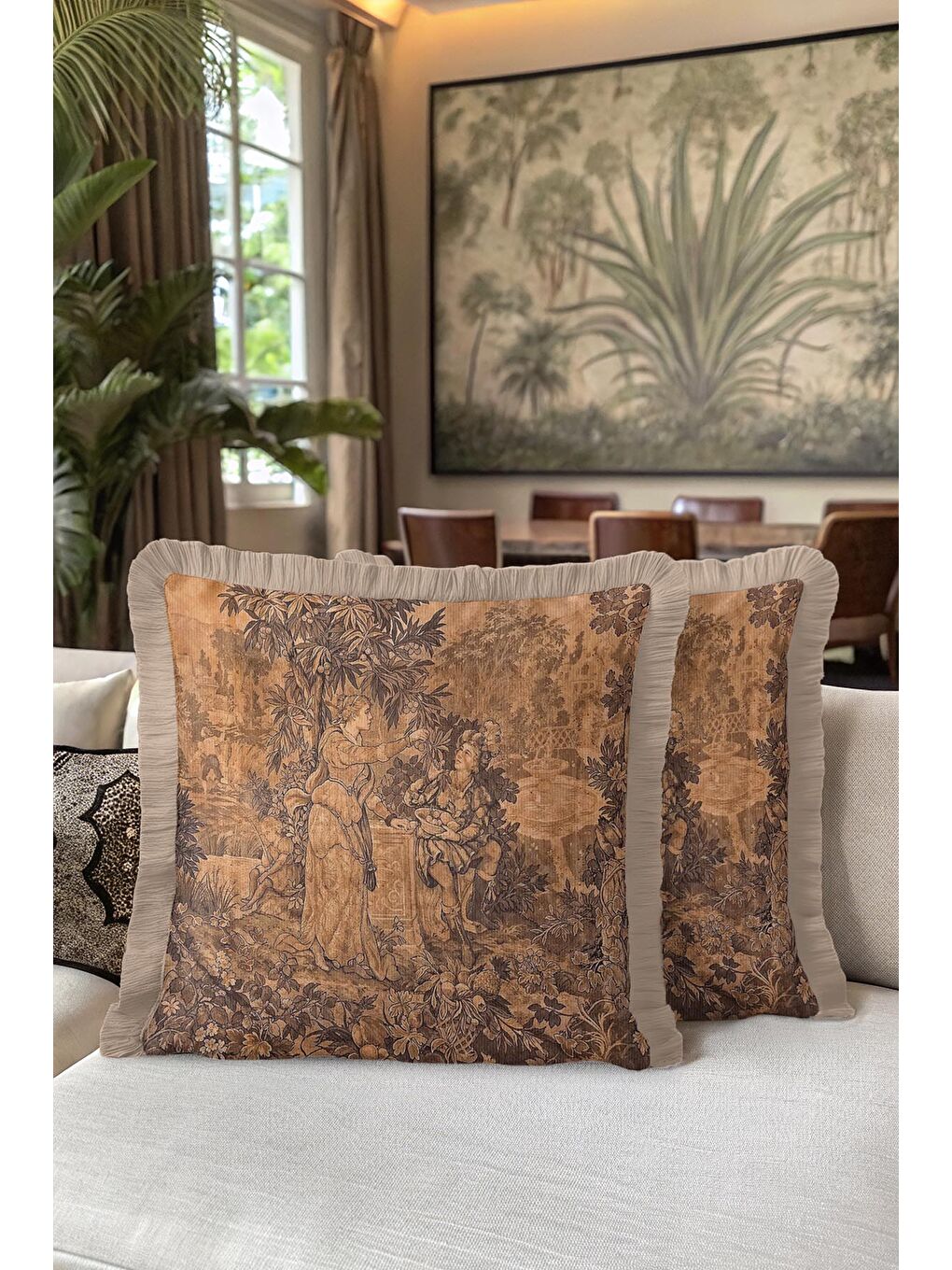 Karışık Barok İhtişam Saçaklı Yastık Kılıfı - Klasik Saray Rustik Bej Kahve Püsküllü Kırlent Kılıfı-5