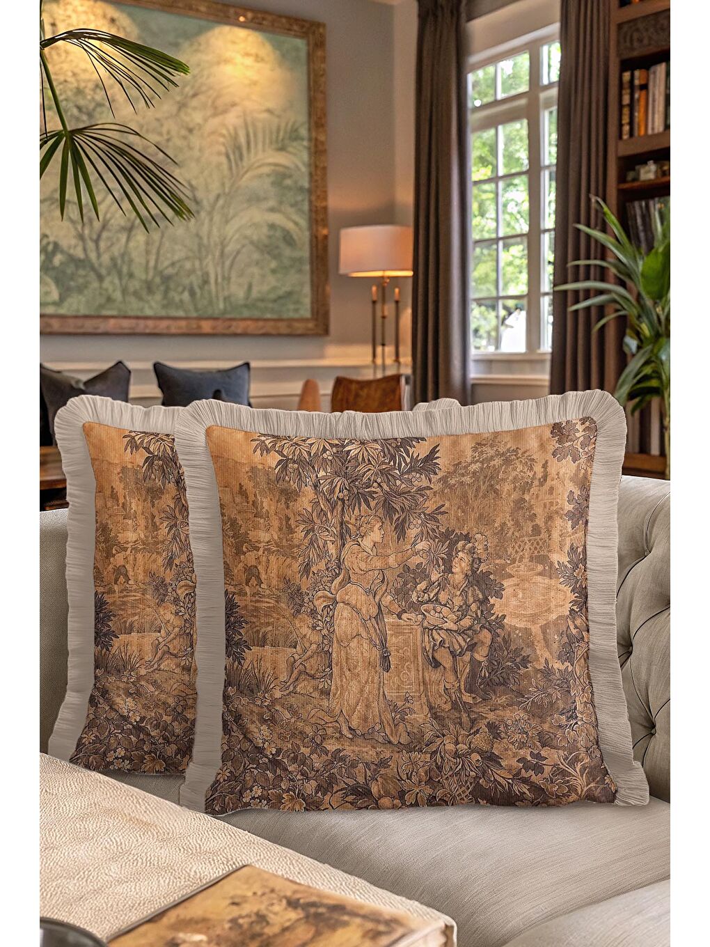 Karışık Barok İhtişam Saçaklı Yastık Kılıfı - Klasik Saray Rustik Bej Kahve Püsküllü Kırlent Kılıfı-7