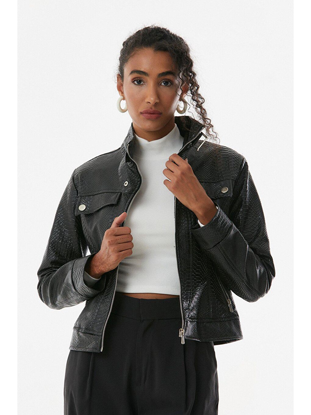 Siyah Suni Deri Fermuarlı Ceket-3