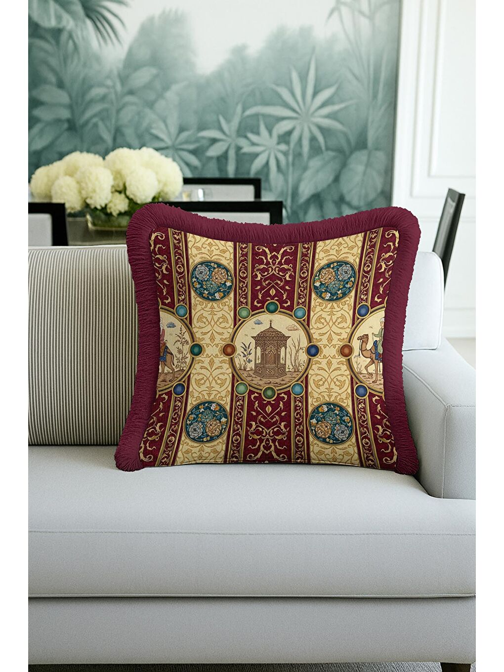 Karışık Saray Motifli Saçaklı Yastık Kılıfı - Doğu Klasiği Etnik Bordo Altın Renkli Püsküllü Kırlent Kılıfı-1