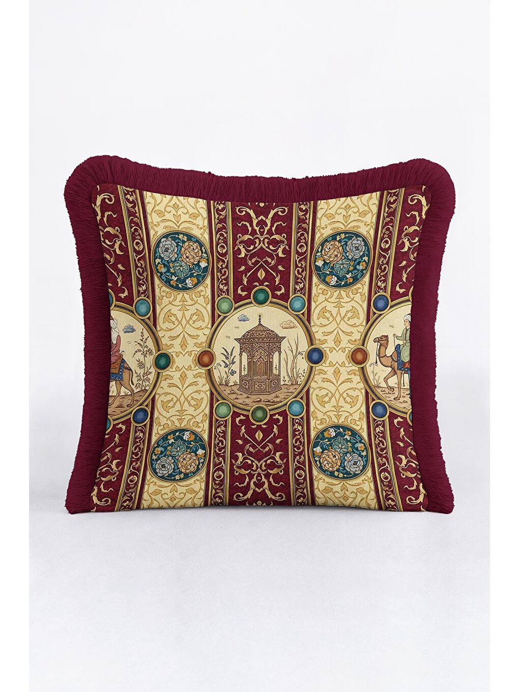 Karışık Saray Motifli Saçaklı Yastık Kılıfı - Doğu Klasiği Etnik Bordo Altın Renkli Püsküllü Kırlent Kılıfı-2