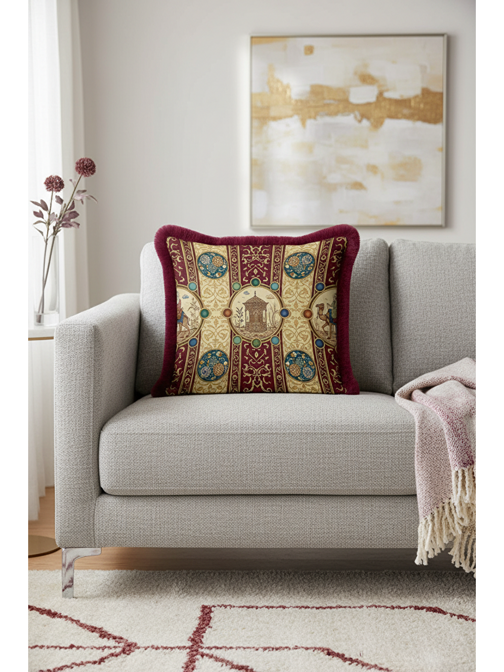 Karışık Saray Motifli Saçaklı Yastık Kılıfı - Doğu Klasiği Etnik Bordo Altın Renkli Püsküllü Kırlent Kılıfı-3