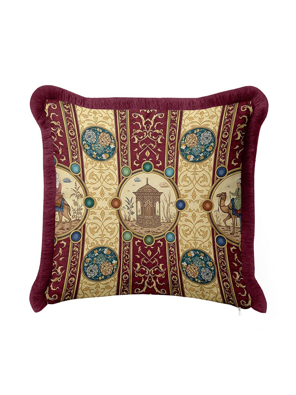 Karışık Saray Motifli Saçaklı Yastık Kılıfı - Doğu Klasiği Etnik Bordo Altın Renkli Püsküllü Kırlent Kılıfı-4