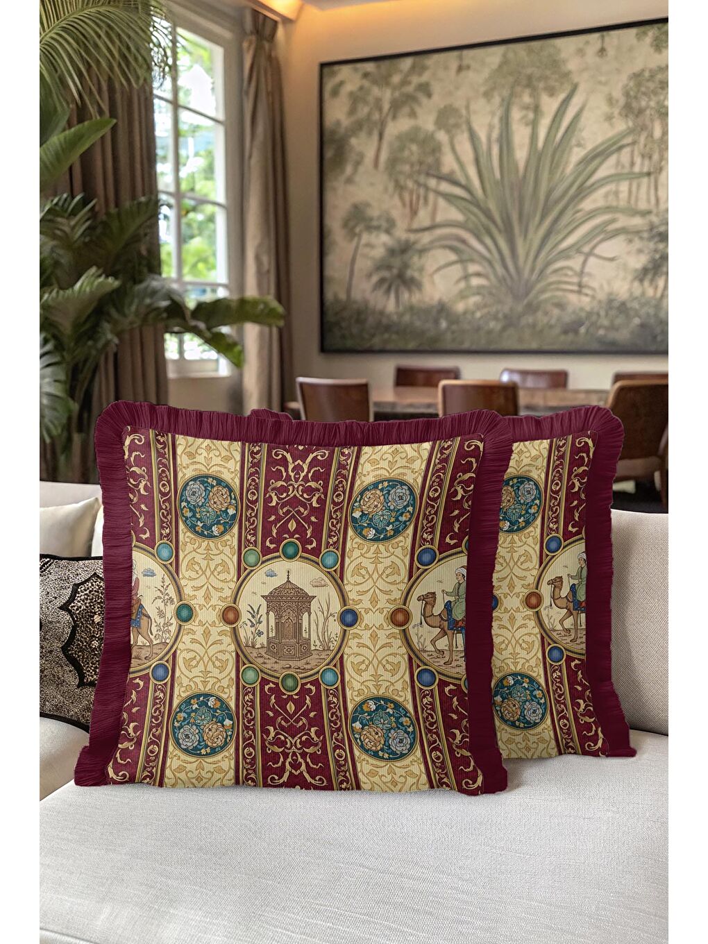 Karışık Saray Motifli Saçaklı Yastık Kılıfı - Doğu Klasiği Etnik Bordo Altın Renkli Püsküllü Kırlent Kılıfı-5