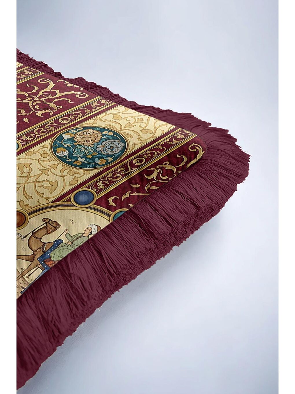 Karışık Saray Motifli Saçaklı Yastık Kılıfı - Doğu Klasiği Etnik Bordo Altın Renkli Püsküllü Kırlent Kılıfı-6