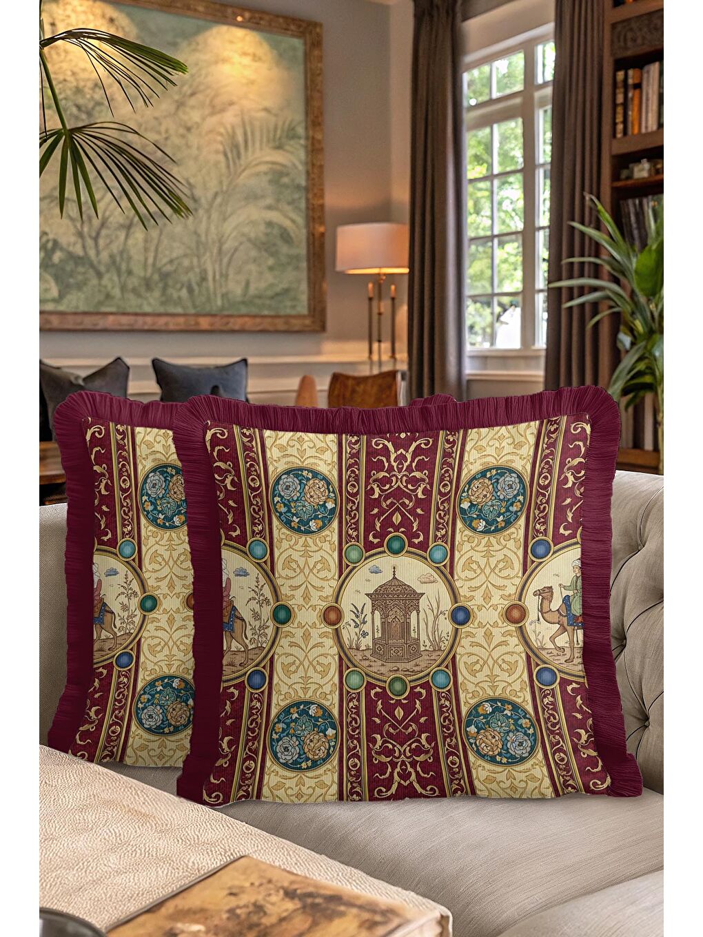 Karışık Saray Motifli Saçaklı Yastık Kılıfı - Doğu Klasiği Etnik Bordo Altın Renkli Püsküllü Kırlent Kılıfı-7