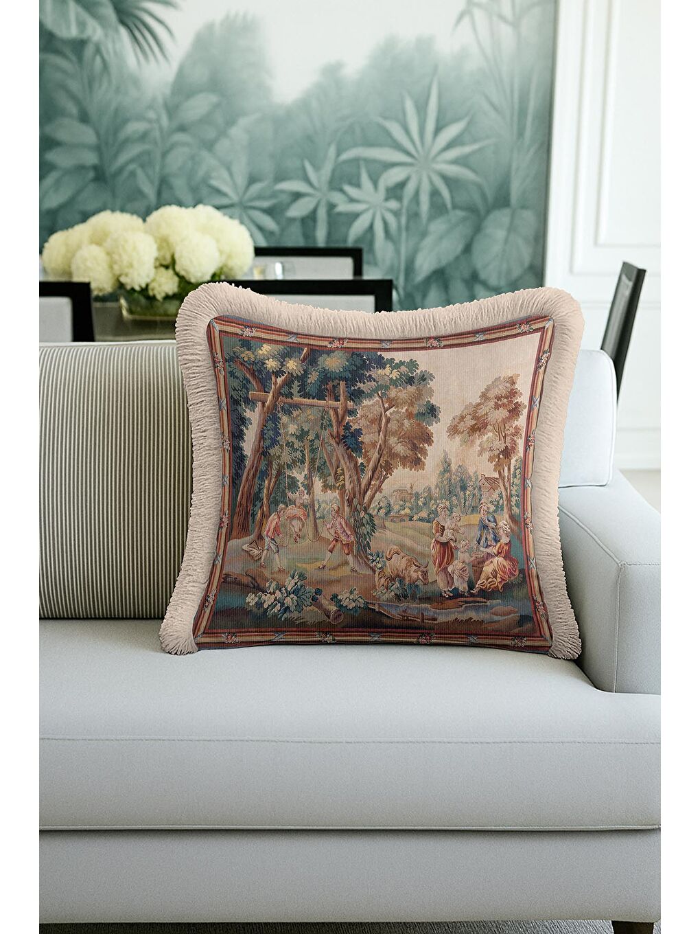 Karışık Avangart Fransız Saçaklı Yastık Kılıfı - Vintage Klasik Rustik Bej Püsküllü Kırlent Kılıfı-1