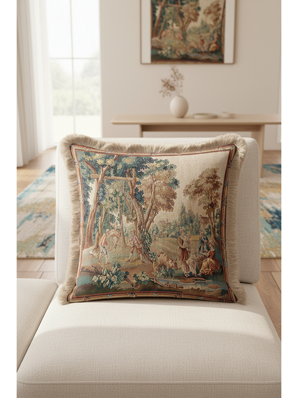 Karışık Avangart Fransız Saçaklı Yastık Kılıfı - Vintage Klasik Rustik Bej Püsküllü Kırlent Kılıfı-2